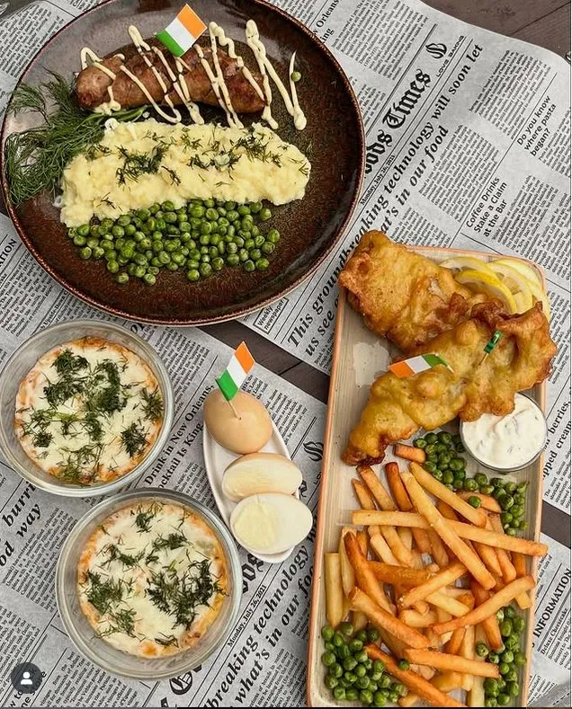 Traditional Irish pub food - fish and chips, shepherd's pie, and Irish stew